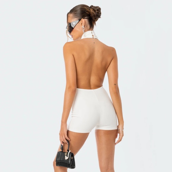 Edikted Annie Ribbed Open-Back Jumpsuit White Small - Picture 4 of 4